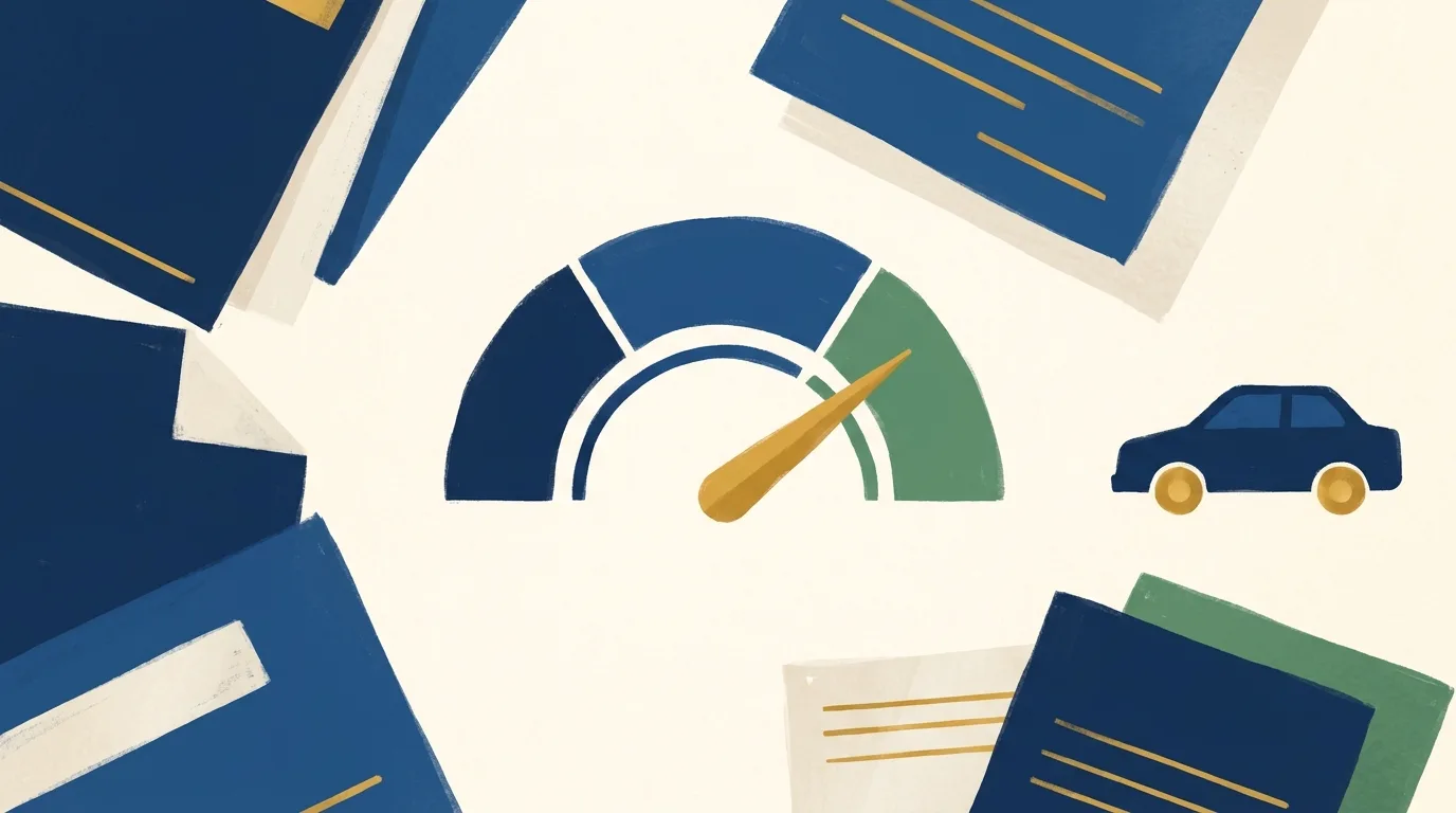 Illustration of a credit score gauge beside loan documents and a small car silhouette