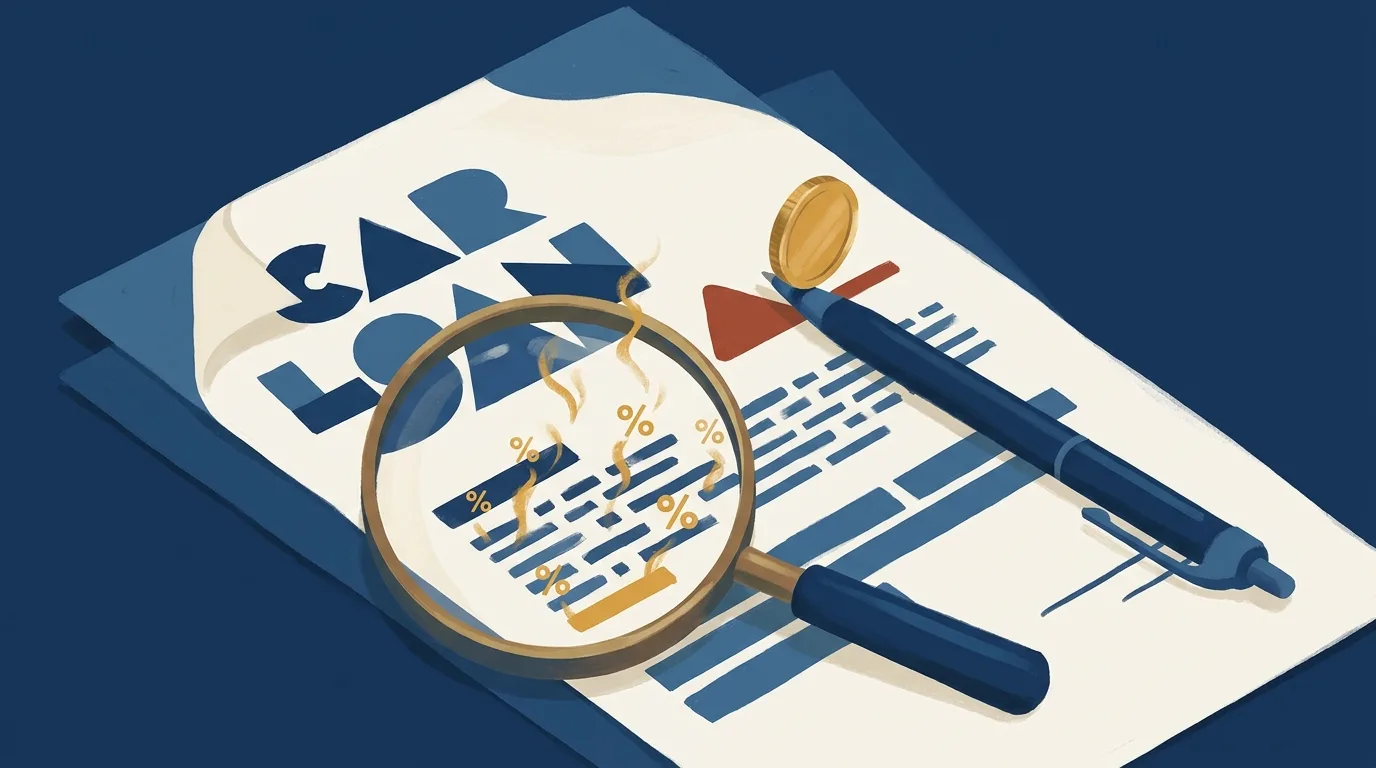 Illustration of a car loan contract examined under a magnifying glass, with rising percentage symbols