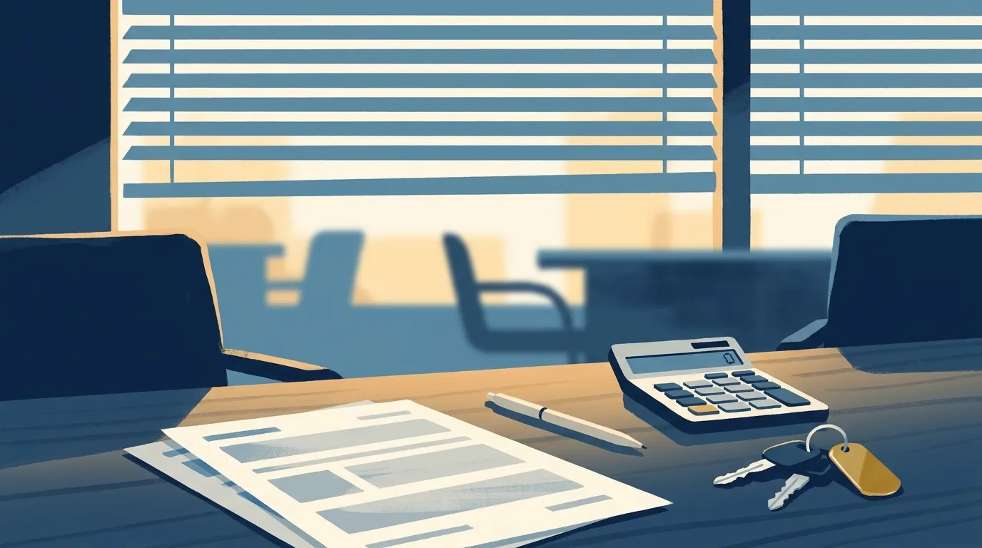 Illustration of a dealership finance desk from the buyer's side: paperwork, calculator, and car keys